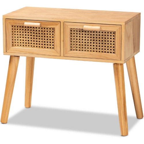 Falan 2 Drawer Console Table in Oak Finish Wood & Rattan
