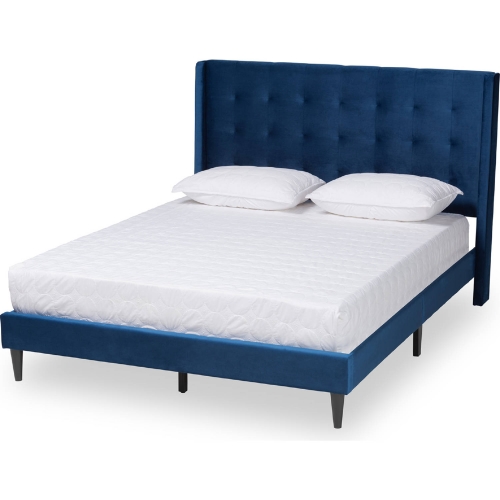 Gothard Queen Platform Bed in Brown Wood & Tufted Navy Blue Velvet