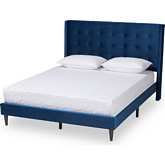 Gothard Queen Platform Bed in Brown Wood & Tufted Navy Blue Velvet