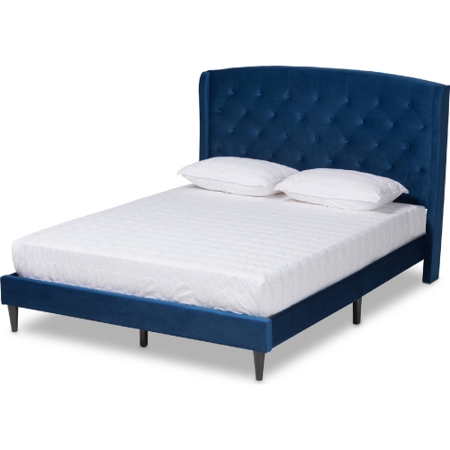 Joanna Queen Platform Bed in Dark Brown Wood & Tufted Navy Blue Velvet