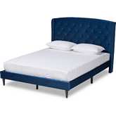 Joanna Queen Platform Bed in Dark Brown Wood & Tufted Navy Blue Velvet