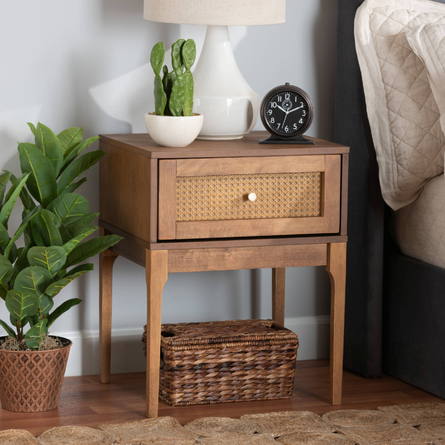 Baxton MG9005-Ash Walnut/Rattan-NS Ramiel 1 Drawer Nightstand in