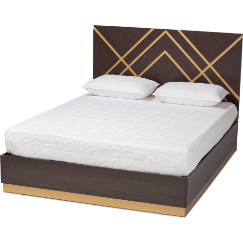 Arcelia Queen Platform Bed in Dark Brown Wood & Gold