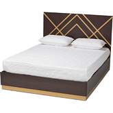 Arcelia Queen Platform Bed in Dark Brown Wood & Gold