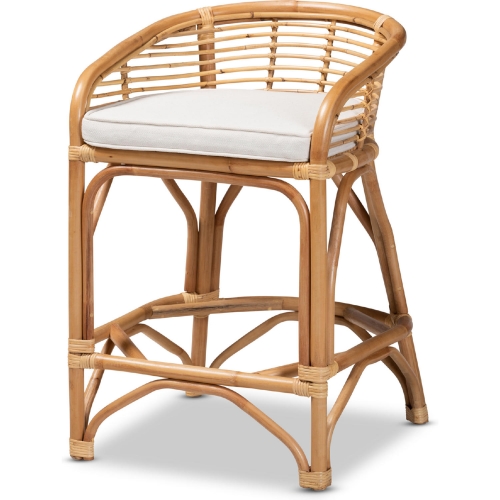 Maverick Counter Stool in Natural Brown Rattan & White Fabric