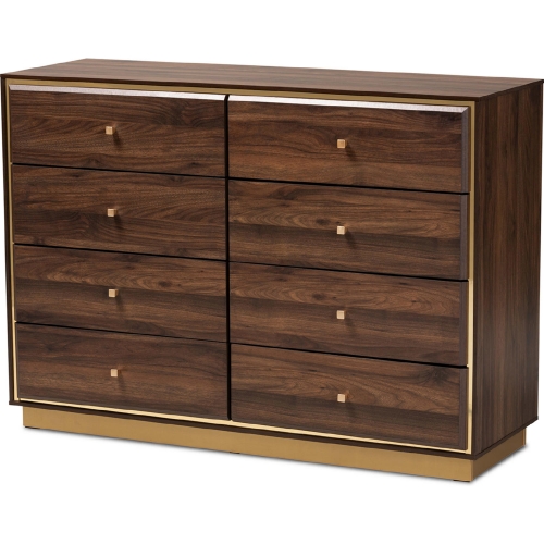 Cormac 8 Drawer Dresser in Walnut Brown Finish Wood & Gold Metal