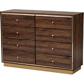 Cormac 8 Drawer Dresser in Walnut Brown Finish Wood & Gold Metal