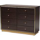 Cormac 8 Drawer Dresser in Espresso Brown Finish Wood & Gold Metal