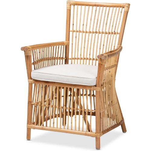 Rose Accent Arm Chair in Natural Brown Rattan & White Fabric