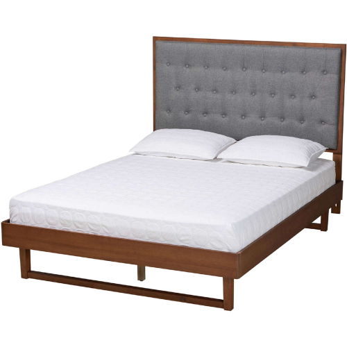 Bryn King Platform Bed in Tufted Grey Fabric & Walnut Brown Finish Wood