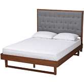 Bryn King Platform Bed in Tufted Grey Fabric & Walnut Brown Finish Wood