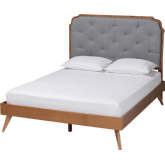 Lorana King Platform Bed in Walnut Finish Wood & Tufted Grey Fabric