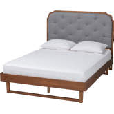 Roald King Platform Bed in Walnut Finish Wood & Tufted Grey Fabric
