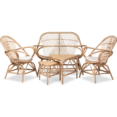 Jayden 5 Piece Loveseat Set in Natural Finish Rattan & White Fabric