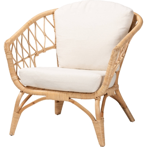 Feya Accent Arm Chair in Antique Natural Brown Rattan & White Fabric