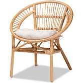 Adrina Round Dining Chair in Natural Rattan & White Fabric
