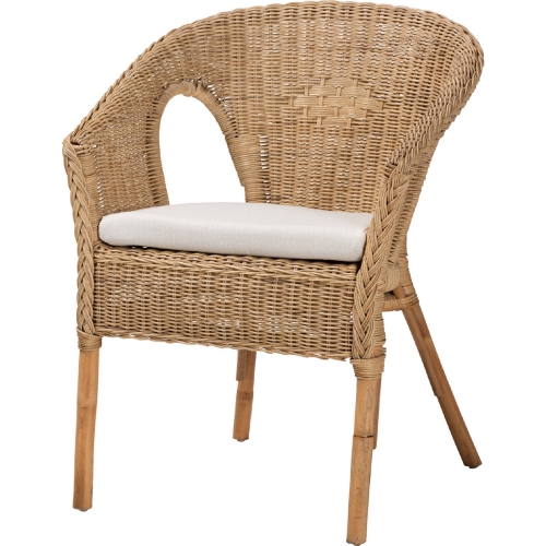 Abbey Dining Arm Chair in Antique Natural Brown Rattan & White Fabric