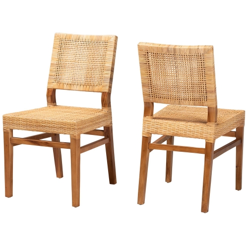 Lesia Dining Chair in Walnut Finish Wood & Natural Rattan (Set of 2)