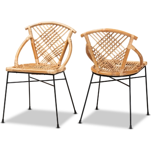 Pro Dining Chair in Natural Brown Rattan & Black Metal (Set of 2)