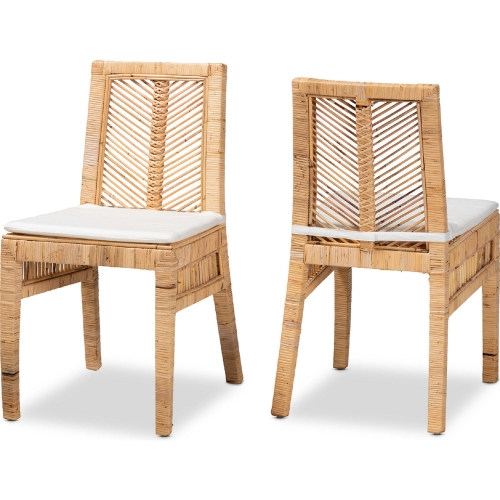 Suci Dining Chair in Natural Brown Rattan & White Fabric (Set of 2)