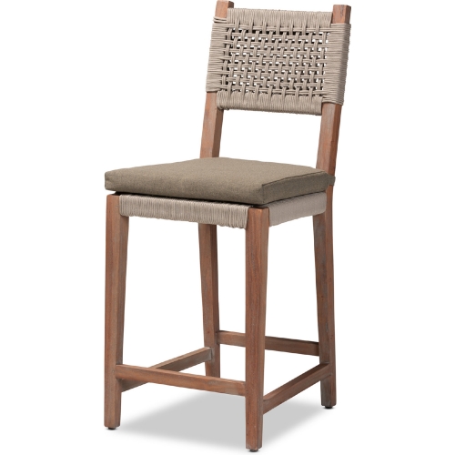 Heyna Counter Stool in Grey Woven Rope, Fabric & Mahogany
