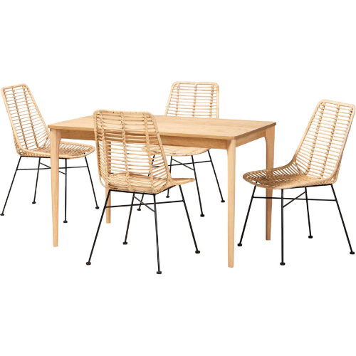 Manhattan 5 Piece Dining Set in Rattan, Oak Finish Wood & Black Metal