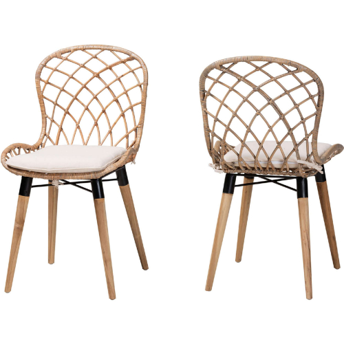Sabelle Dining Chair in Grey Washed Rattan, Natural Teak & White Fabric (Set of 2)