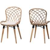 Sabelle Dining Chair in Grey Washed Rattan, Natural Teak & White Fabric (Set of 2)