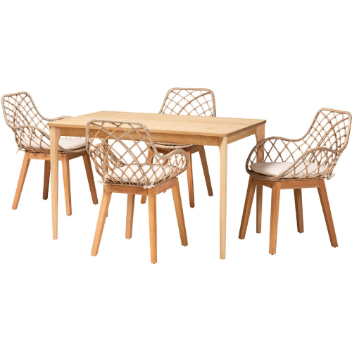Ballerina 5 Piece Dining Set in Grey Wash Rattan, Natural Wood & White Fabric