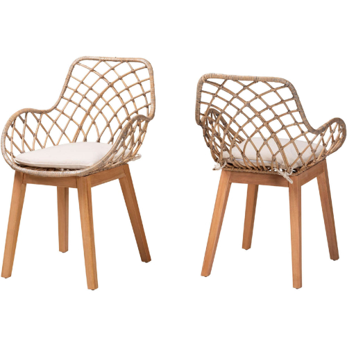 Ballerina Dining Chair in Grey Wash Rattan, Natural Wood & White Fabric (Set of 2)