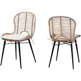 Brenna Dining Chair in Grey Washed Rattan, Black Metal & White Fabric (Set of 2)