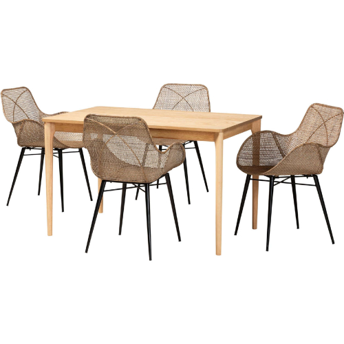 Ballerina 5 Piece Dining Set in Grey Washed Rattan & Black Metal