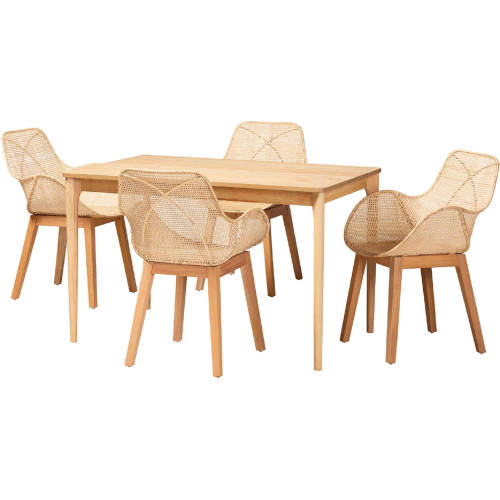 Ballerina 5 Piece Dining Set in Natural Brown Mahogany Wood & Rattan