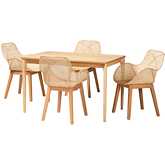 Ballerina 5 Piece Dining Set in Natural Brown Mahogany Wood & Rattan