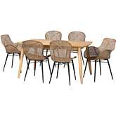 Emmali 7 Piece Dining Set in Grey Washed Rattan, Black Metal & Natural Wood