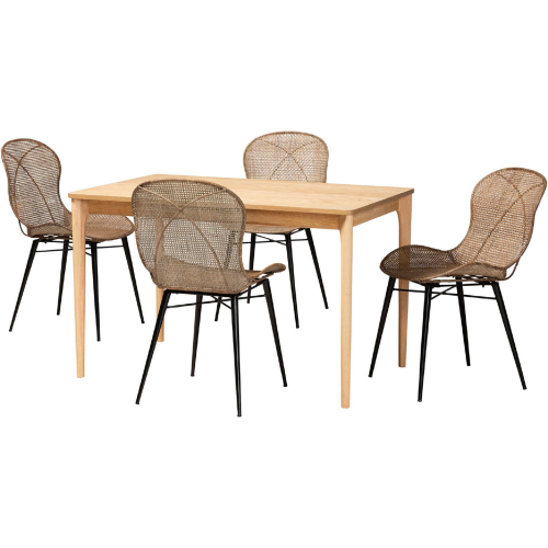 Sabelle 5 Piece Dining Set in Grey Washed Rattan, Black Metal & Natural Wood
