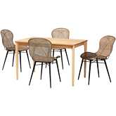 Sabelle 5 Piece Dining Set in Grey Washed Rattan, Black Metal & Natural Wood