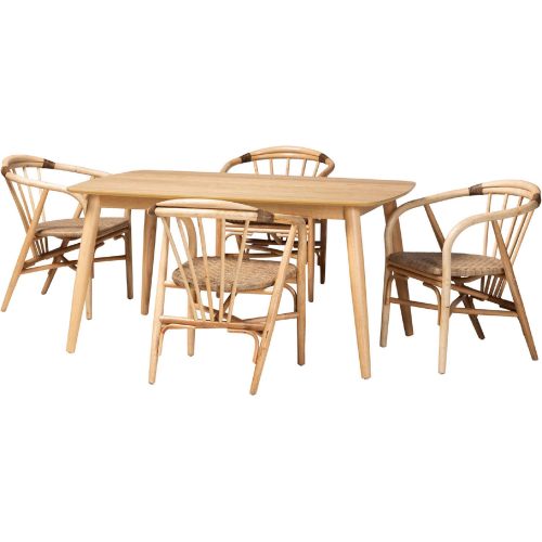Kyoto 5 Piece Dining Set in Natural Brown Finish Wood & Rattan