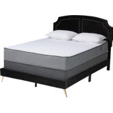 Oxley Queen Panel Bed in Black Velvet with Nailhead & Gold Metal Legs