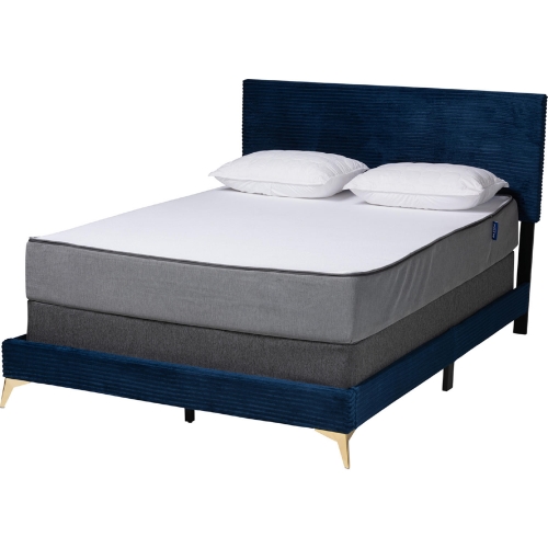 Abberton Queen Panel Bed in Channel Tufted Navy Blue Velvet & Gold Metal