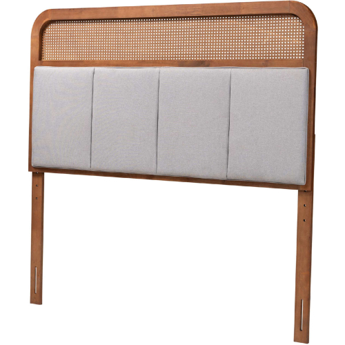 Esti King Headboard in Ash Walnut Finish Wood, Rattan & Light Grey Fabric
