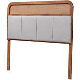 Esti King Headboard in Ash Walnut Finish Wood, Rattan & Light Grey Fabric