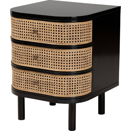 Nabila 3 Drawer End Table Nightstand in Black Wood & Natural Rattan