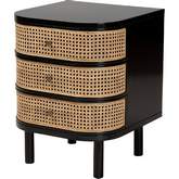Nabila 3 Drawer End Table Nightstand in Black Wood & Natural Rattan