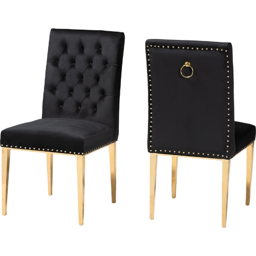 Caspera Dining Chair in Tufted Black Velvet Fabric & Gold Metal (Set of 2)