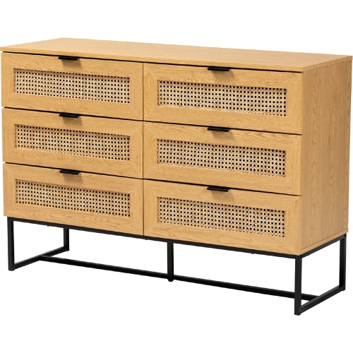 Sawyer 6 Drawer Cabinet in Oak Finish Wood, Rattan & Black Metal