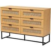 Sawyer 6 Drawer Cabinet in Oak Finish Wood, Rattan & Black Metal