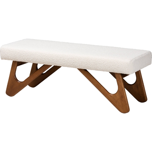 Rika Bench in Cream Boucle Fabric & Walnut Brown Finish Wood