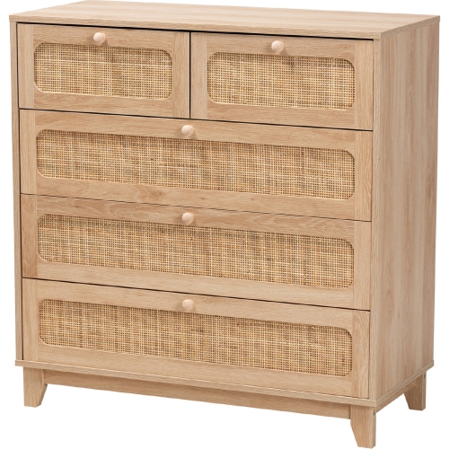 Elsbeth 5 Drawer Storage Cabinet in Oak Brown Finish Wood & Natural Rattan