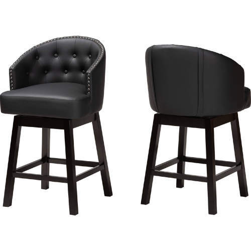Theron Swivel Counter Stool in Tufted Black Leatherette & Espresso Wood (Set of 2)